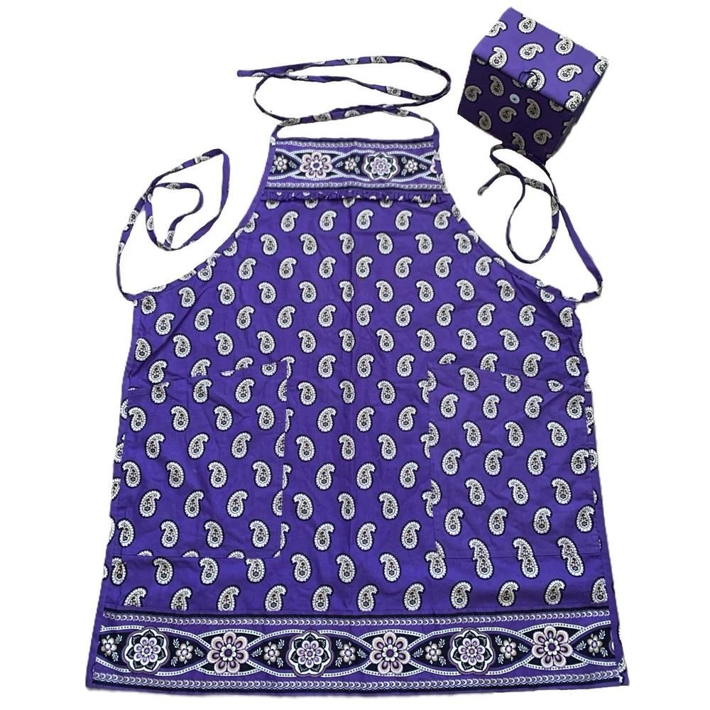 Vera Bradley Cotton Simply Violet 2-Pkt Bib Apron Recipe Box Purple Paisley Read